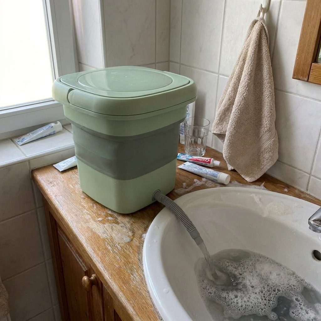 The Fold Wash draining into a bathroom sink